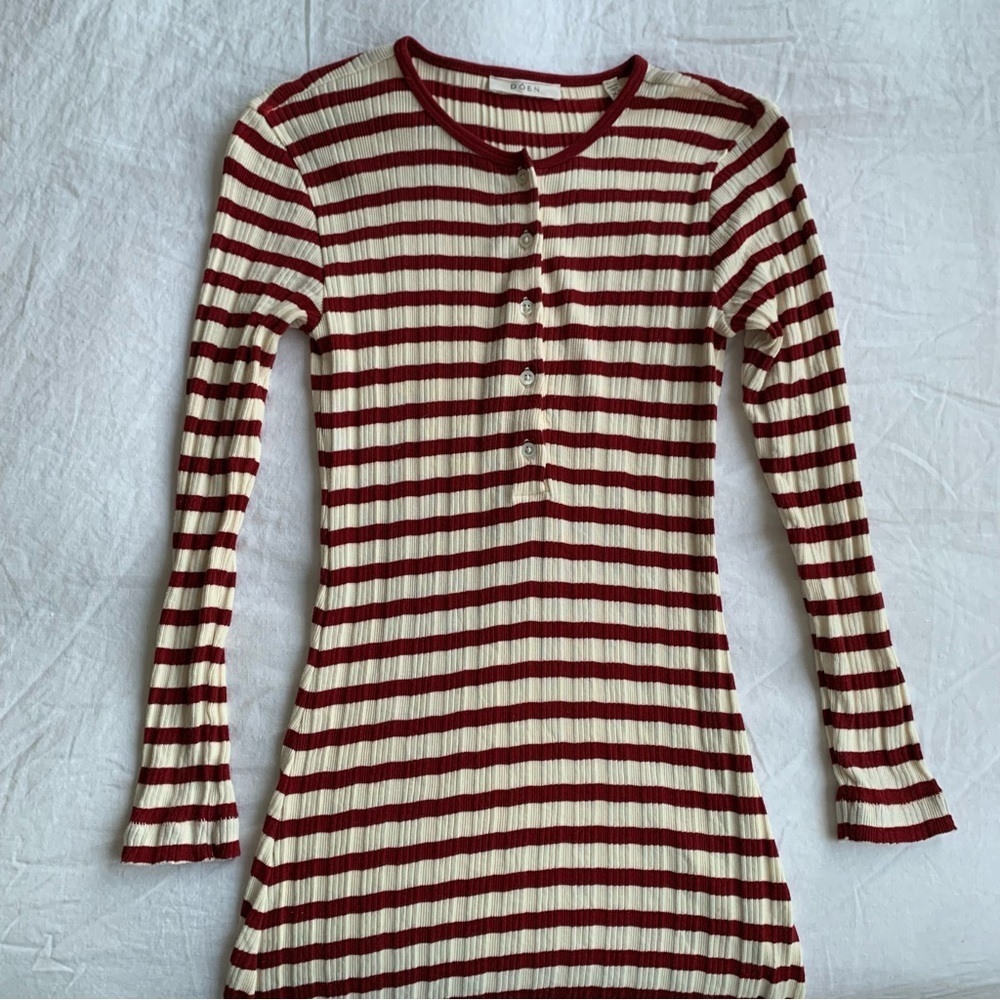 Doen Como Cotton Button Henley Long Sleeve Mini Dress Auburn San Simeon Stripe - Picture 9 of 13